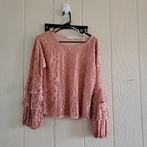 Solitaire 1970's style pink lace bell sleeve top